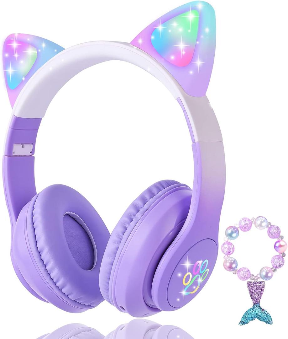 Cat Ear Kids Headphones Bluetooth, LED Light up Wireless/Wired Mode Over Ear Headphones with Build in Microphone for School/Travel (Purple)