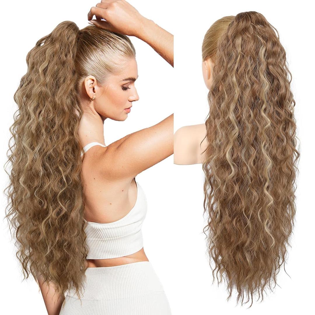 REECHO Ponytail Extension 30" Long Claw Clip Ponytail Extension Curly Wavy Pony Tails Hair Extensions Clip in Synthetic Hairpiece for Women, Light Brown with Highlights