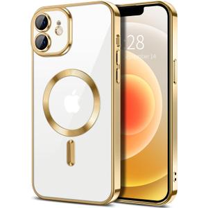 Hython Magnetic Clear for iPhone 12 Case with Camera Lens Protector [Compatible with MagSafe] Luxury Plating Edge Slim Soft TPU Cover Protective Phone Case for iPhone 12 6.1", Gold