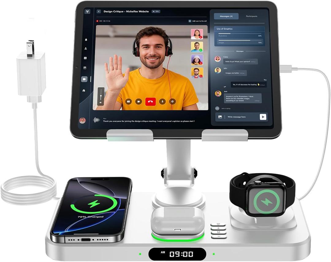 6 in 1 Wireless Charger for Apple Multiple Devices, Charging Station with Clock &7 Color Ambient Light, Foldable Rotate Stand for iPad, for iPhone17/16/15, Support for Apple Watch11/10 For AirPods4 (Ivory)