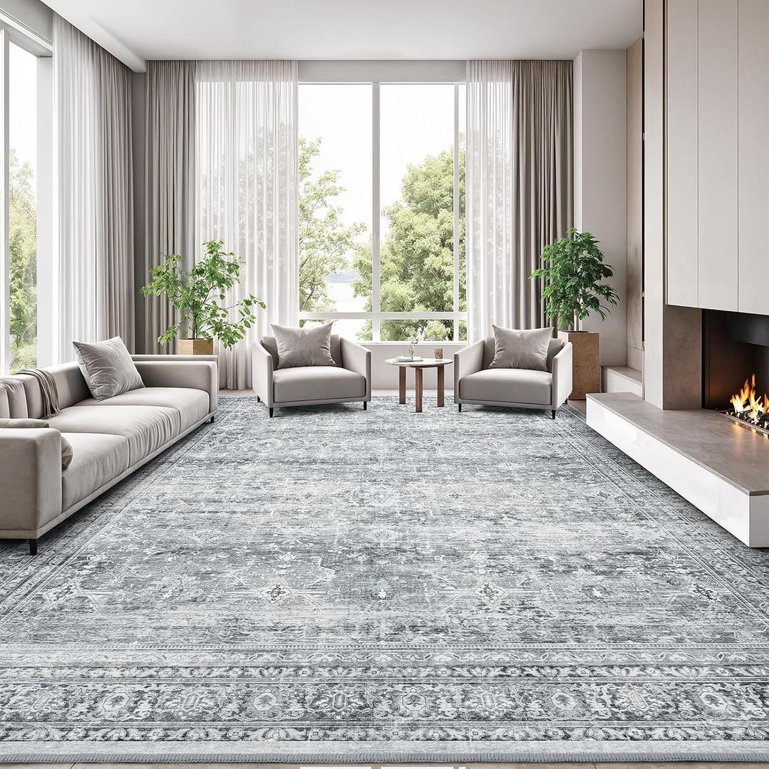 Lofus 9x12 Area Rug for Living Room,Grey Washable Large Rugs with Non-Slip Backing,Soft Neutral Carpets for Bedroom Dining Room Home Office Indoor Nursery
