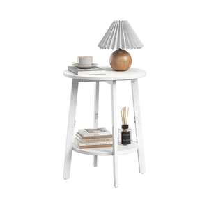 sthmec Side Table, Small Round End Table with Storage Shelf for Small Space, 2-Tier Bedside Table Sofa Couch Table, Round Accent Table Nighstands for Living Room, Bedroom, White