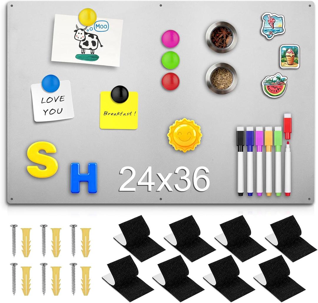 24" x 36" Magnetic Board, Silver Magnet Bulletin Board to Display Magnetic Letters, Metal Board for Wall, Refrigerator Photo