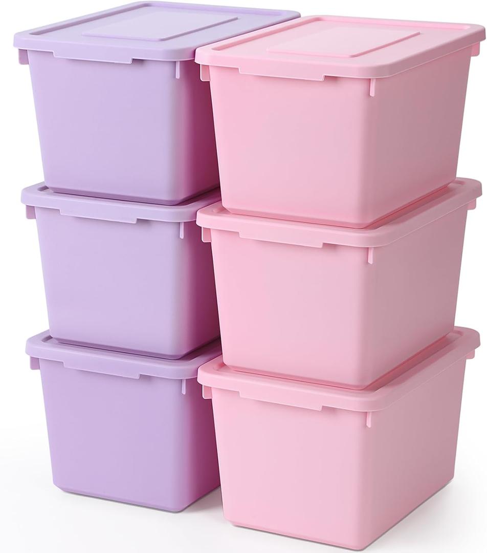 6 Pack Cute Plastic Storage Bins with Lids Decorative Stackable Storage Boxes 9.8" 7.3" 5.7" Small Storing Totes for Organizing Craft Office Supplies (Pink,Purple)