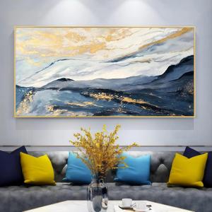 Large Blue and Gold Mountain Wall Art for Living Room, Framed Blue Abstract Painting for Bedroom,Modern Landscape Office Wall Decor Ready to Hang 24x48 Inches, 24x48inches x1