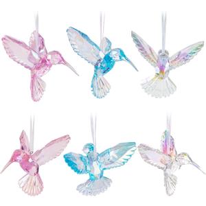 6 Pieces Hummingbird Ornaments Acrylic Hummingbird Figurines Large Crystal Pendants Shiny Iridescent Purple, Blue and Clear Bird Decoration