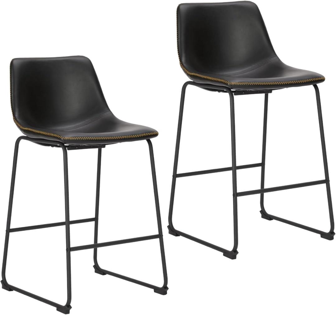 NEWBULIG Counter Height Barstools with Leather Back, Matel Bar High Table Stool Chairs for Kitchen, Set of 2 26 inch, Black