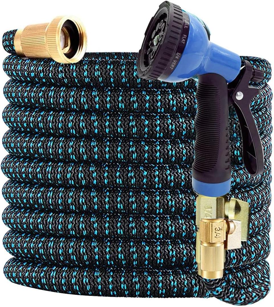J&B XpandaHose 100ft Expandable Garden Hose with Holder - Heavy Duty Superior Strength 3750D - 4 -Layer Latex Core - Extra Strong Brass Connectors and 10 Spray Nozzle w/Storage Bag (Blue 100) (Blue/Black)