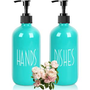 Glass Soap Dispenser with Plastic Pump for Kitchen - 16 OZ Glass Hand, Dish Soap Dispenser Set - Kitchen, Bathroom Decor and Accessories (Turquoise)