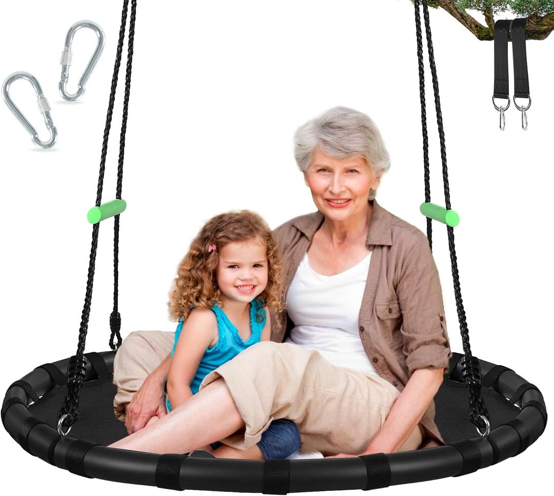 Black Hanging Tree Swing with Detachable Frame,PP Mat,Adjustable Multi-Strand Ropes,Safe and Durable Saucer Swing for Yard Garden Playground Park (40 inch Diameter, Black with 2 Extra Straps) (Black With 2x 5ft Extra Straps)