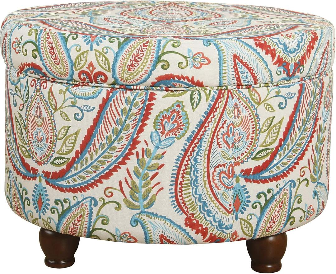 Homepop Home Decor | Upholstered Round Storage Ottoman | Ottoman with Storage for Living Room & Bedroom, Bold Paisley
