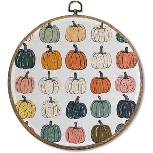 FUGWN Boho Fall Pumpkin Round Wall Art Decor Framed, Autumn Thanksgiving Canvas Artwork Prints, Retro Harvest Pumpkin Wall Hanging Decorations for Home Bedroom Living Room, 10x10 Inch