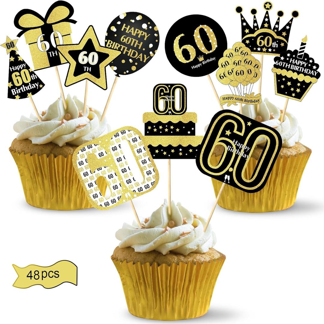 48pcs 60th Birthday Cupcake Toppers Decorations for Men Women, Black Gold 60 Birthday Cake Topper Party Supplies, Happy Sixty Bday Cupcake Picks Decor
