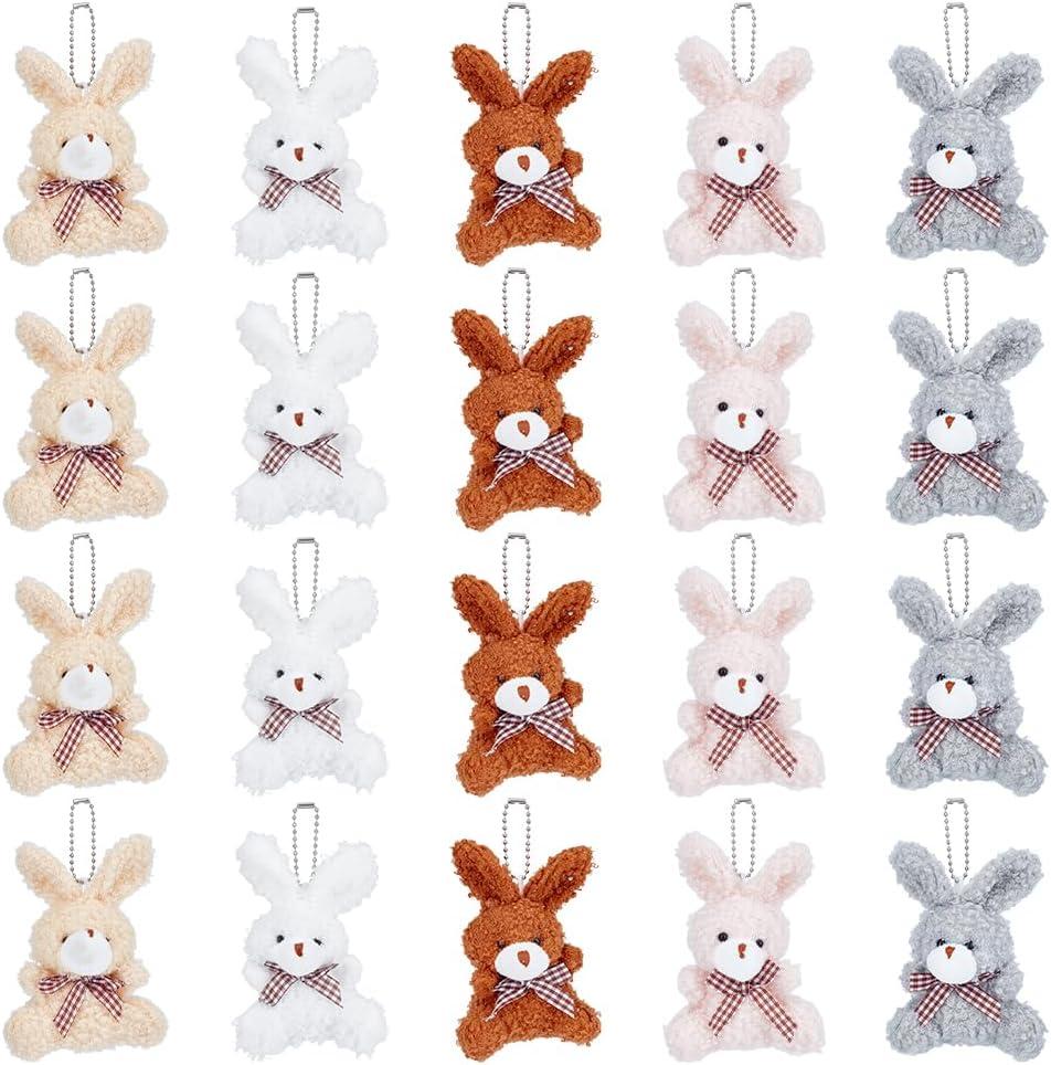 BENECREAT 20Pcs 5 Colors Mini Bunny Plush Keychain, Cotton Bunny Stuffed Animal Mini Plushies Bulk for Birthday Xmas Easter Shower Party Favor Gifts