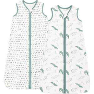 DaysU Cotton Baby Sleep Sack, Sleeveless Baby Sleeping Bag with Two-Way Zipper, Embroidered and Printed Baby Wearable Blanket for Newborn Baby Unisex 0-6 Months, 2-Pack, Green Crocodile, 0.5 TOG