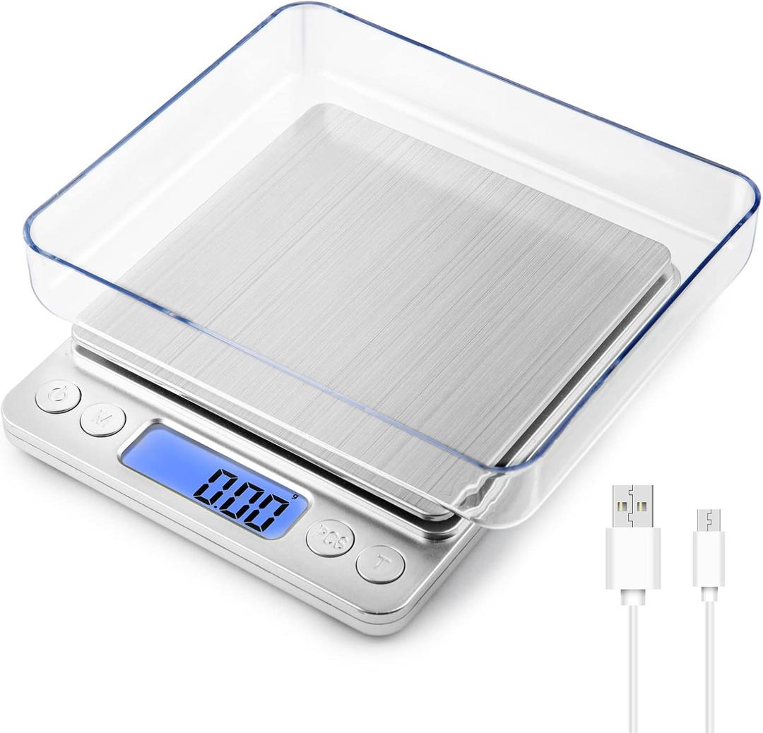 Food Scale Small Gram Scale Digital Gram and Ounce Scale, USB Rechargeable 0.01g/0.001oz Accurate, MEIYA Kitchen Scale for Soap Making, Jewelry, Baking, Tare Function, Including Battery and 2 Trays