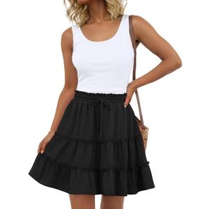 Lepunuo Boho Skirts for Women Flowy Casual Cute Skorts Built-in Shorts Floral Ruffle Tiered Skirts with Pockets, Large, A- Black