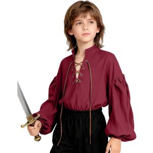L'VOW Medieval Boys Shirt Renaissance Kids Lace-up Pirate Shirts Retro Viking Colonial Costume Top (12-14 Years, Red)