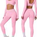 ABOCIW Workout Sets for Women Seamless Color Block Backless Long Sleeve Crop Top Scrunch Butt Lifting High Waist Leggings 2 Piece Gym Yoga Outfits Light Pink Small