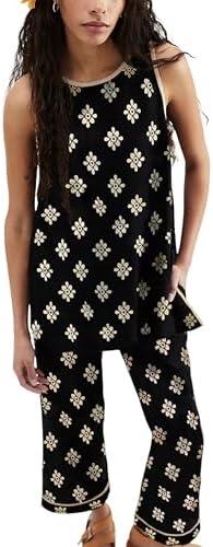 SCUSTY Women's 2 Piece Set Printed Lounge Matching Set Sleeveless Top & Long Pants Casual Loungewear Vacation Travel Outfits Size L
