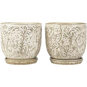 Decorative Ceramic Planter Pot with Saucer, Brown with Gold and Silver Owl Pattern, Indoor Garden Container with Drainage (White, 6 inch)