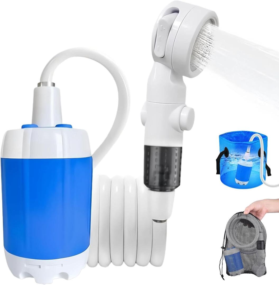 Portable Shower for Camping, Rechargeable Portable Camping Shower Pump with USB-C, Camp Shower with 3 Spray Modes, Outdoor Shower Kit for Camping, RV, Travel, Pet Bath, Watering Plants (+ Mesh Bag)