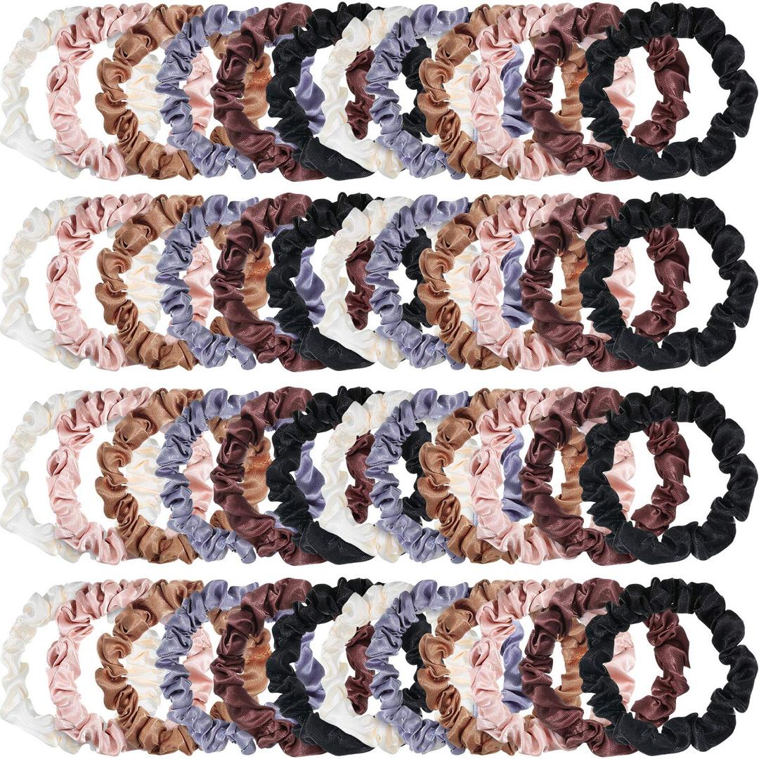 WILLBOND 48 Pieces Neutral Mini Satin Hair Ties Small Scrunchies Bulk Multicolor Elastic Silk Hair Bands Accessories Ponytail Holders for Women (Neutros)