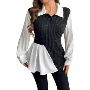 MakeMeChic Women's Plus Size Blouses Colorblock Collared Long Sleeve Peplum Casual Shirts Knit Sweater (Black, L)