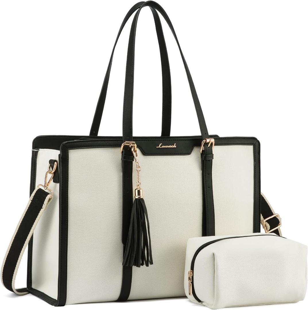 LOVEVOOK 15.6-inch Canvas Laptop Tote with Clutch for Women - Lightweight, Large Capacity for Work, Travel, School (Beige & Black)