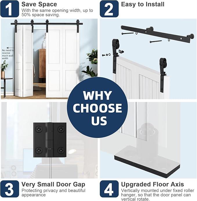 72" Bi Fold Barn Door Hardware Kit for 4 Bifold Doors, Bi-Folding Sliding Barn Door Hardware Track Kit, Smoothly and Quietly, Assembly Easy, Heavy Duty, Black, No Door