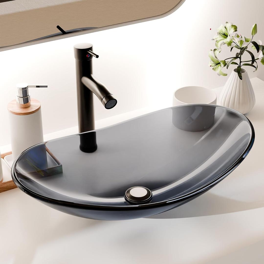 Vessel Sink Bathroom Sinks Tempered Glass Art Basin 20.8"x13.7" Oval Bowl Above Counter with Faucet and Pop-Up Drain Combo, Oval Clear Grey,Modern Countertop Bowl Sink
