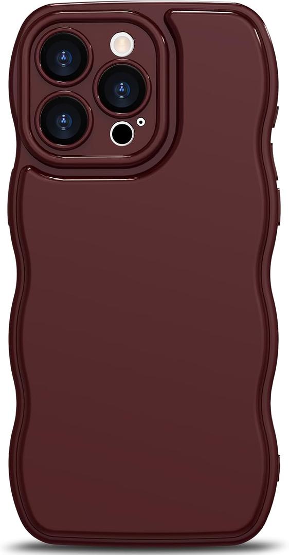 Anuck for iPhone 15 Pro Case Wave, Curly Frame Design for Women Girls, Cute Wavy Solid Color Aesthetic Phone Case Soft Flexible TPU Shockproof Full-Body Protective Cover 6.1" - Wine Red