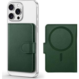 SHIELDON for Mag Safe Wallet Genuine Leather Strong Magnetic Card Holder, Slim RFID Blocking 6 Card Slots with ID Window Compatible with iPhone 17/16/15/14/13/12 Series & Magnetic Case - Evergreen