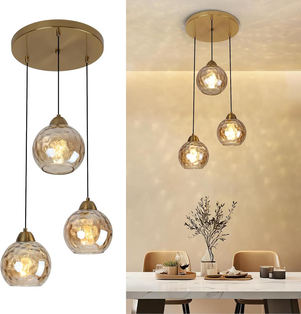 3-Light Gold Cluster Globe Ceiling Chandelier, Modern Brushed Brass Hanging Pendant Light with Amber Hammered Glass for Dining Room Staircase Entryway Foyer