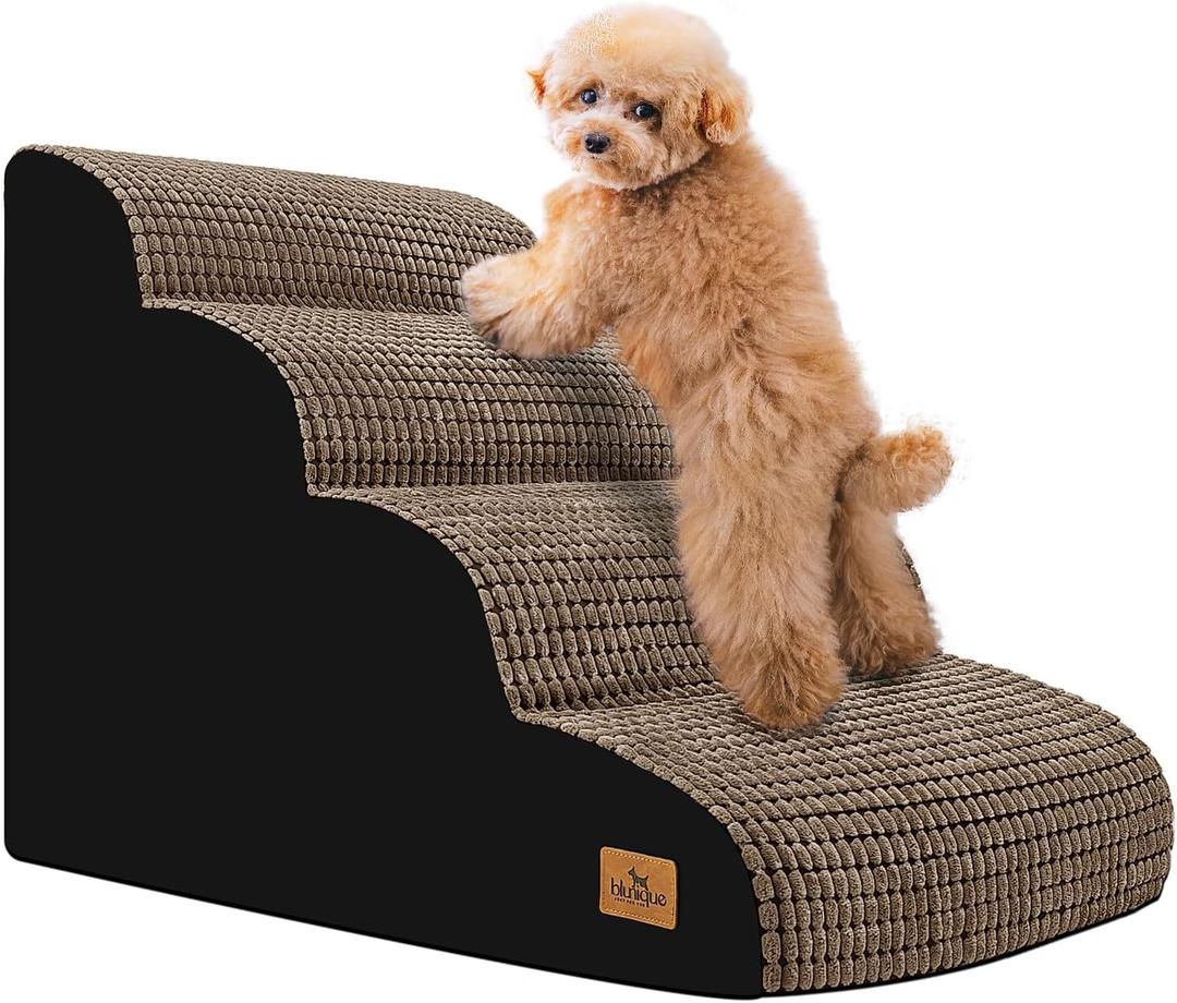 Dog Srairs for Small Dogs, 4-Step Dog Ramp for High Beds and Couch, Foam Dog Stairs with Durable Non-Slip Waterproof Fabric Cover, Brown Pet Stairs for Pets Joint (28.6 X 15.7 X 20.5)