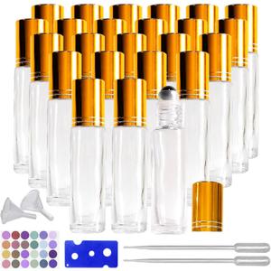 24Pack Essential Oil Roller Bottles 10ml Clear Glass Roller Bottles with Stainless Steel Roller Balls Leak Proof Roll on Bottles for Travel Perfume Essential Oil