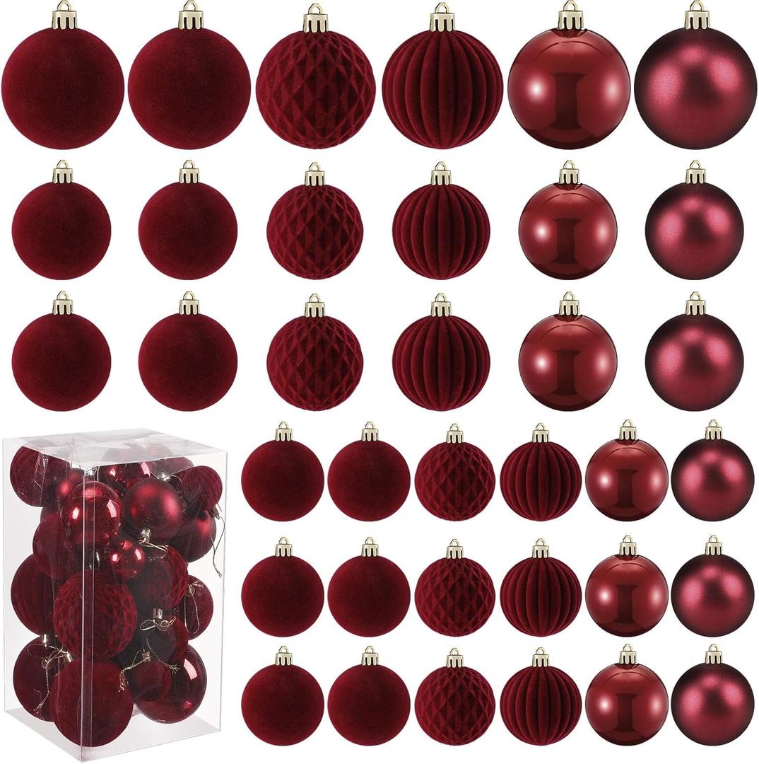 Soulchen 42 Pcs Velvet Christmas Ornaments Set Flocked Burgundy Christmas Ball Ornaments Hanging Shatterproof Xmas Ball Decor with 5 Styles in 3 Sizes for Xmas Tree Holiday Indoor Outdoor Home Decor