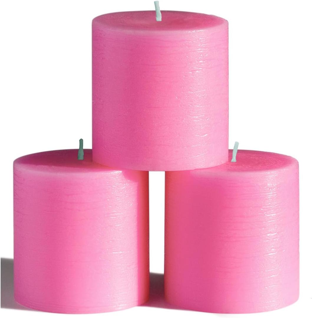 CANDWAX 3x3 Pillar Candles Set of 3 - Rustic Unscented Hot Pink Candles for Home Decor, Weddings, Gender Reveal Parties