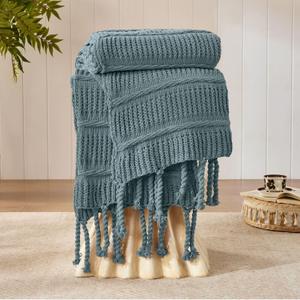 Boho Knitted Chenille Blanket with Tassels - Lightweight & Soft All-Season Throw - 3D Classic Pattern for Living Room Bedroom Couch, Celestial Blue, King 90"x108"