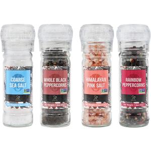 Soeos Black Peppercorns + White Sea Salt + Rainbow Peppercorns + Pink Salt, 10.6oz(300.50g) Spice Total, Glass Bottle Grinder with Spice Included, Salt and Pepper Set, Spice Grinder Set, Spice Set.