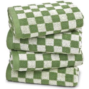 Green Hand Towels for Bathroom Set of 4 - Cute Checkered Bathroom Towels for Kitchen Decor, Lightweight for Bath Face Body