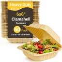 6x6in Compostable To Go Food Containers, 50Pack Bamboo-Powder Clamshell Take Out Containers, Heavy Duty Hinged To Go Boxes with Secure Snap Lid for Catering Pasta Salad Sandwich