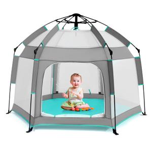 Baby Playpen with Canopy, Hexagon Toddler Beach Tent(Grey) | Portable Infant Play Yard, Mosquito Net, Indoor and Outdoor, Instant Installation, Pop Up, Travel Bag, 63 x 53 x 39 inches