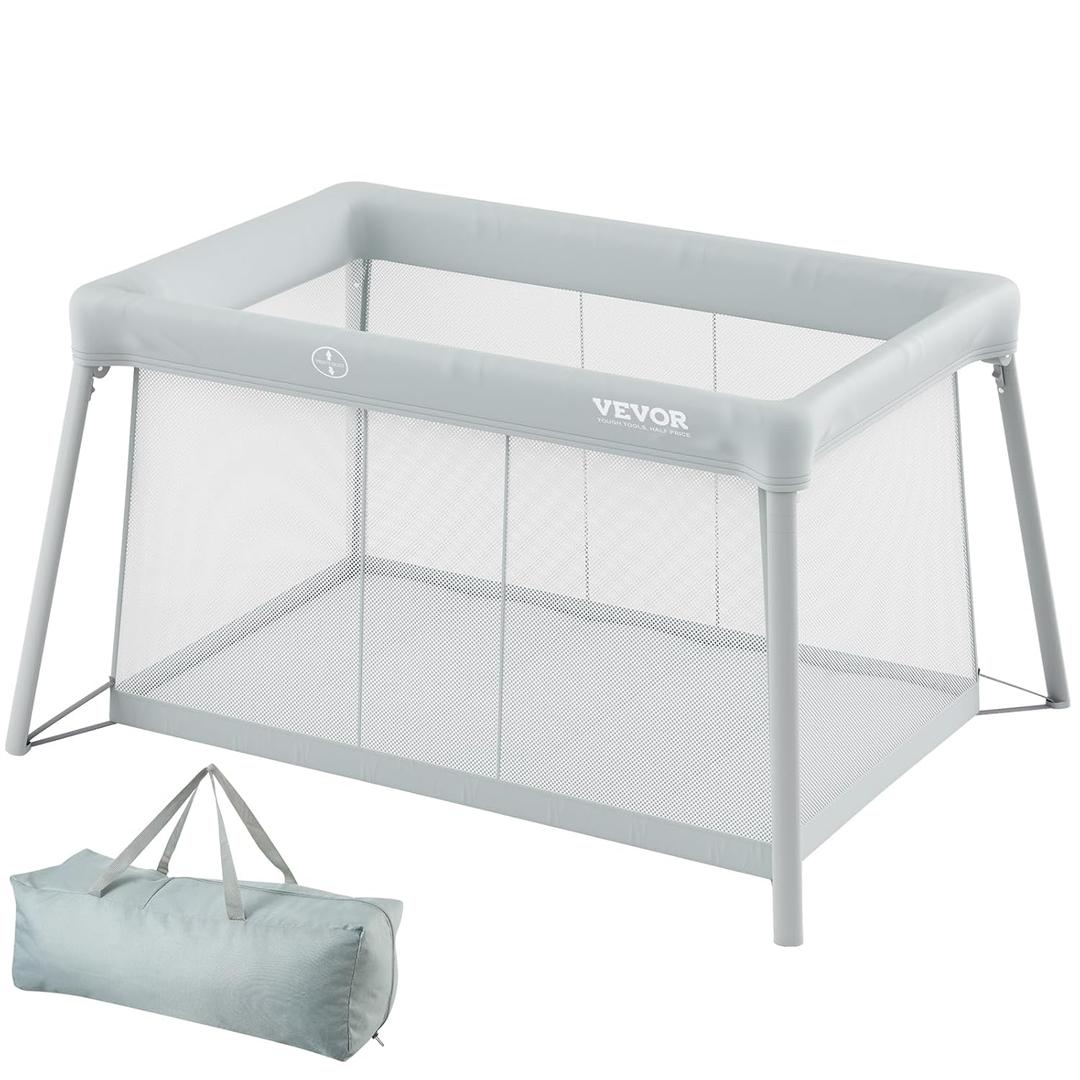 VEVOR Baby Travel Crib and Play Yard, Folding Baby Playpen with Soft Mattress Pad, Portable Toddlers Crib with Breathable Mesh and Travel Bag, Indoor/Outdoor Kid Activity Center for 0-36 Months Babies