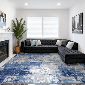 Washable Area Rugs 10'x14' Non-Slip Modern Abstract Soft for Living Room Entryway Bedroom Nursery, Print Pattern, Blue Grey Navy Gray
