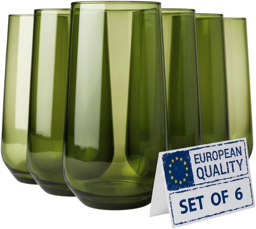 Green Drinking Glasses Set of 6 | Translucent Emerald Green Glassware | 16 oz Green Glass Cups | Highball Drinkware for Cocktails, Long Drink, Mojito, Juice | Nature-Inspired Drinkware
