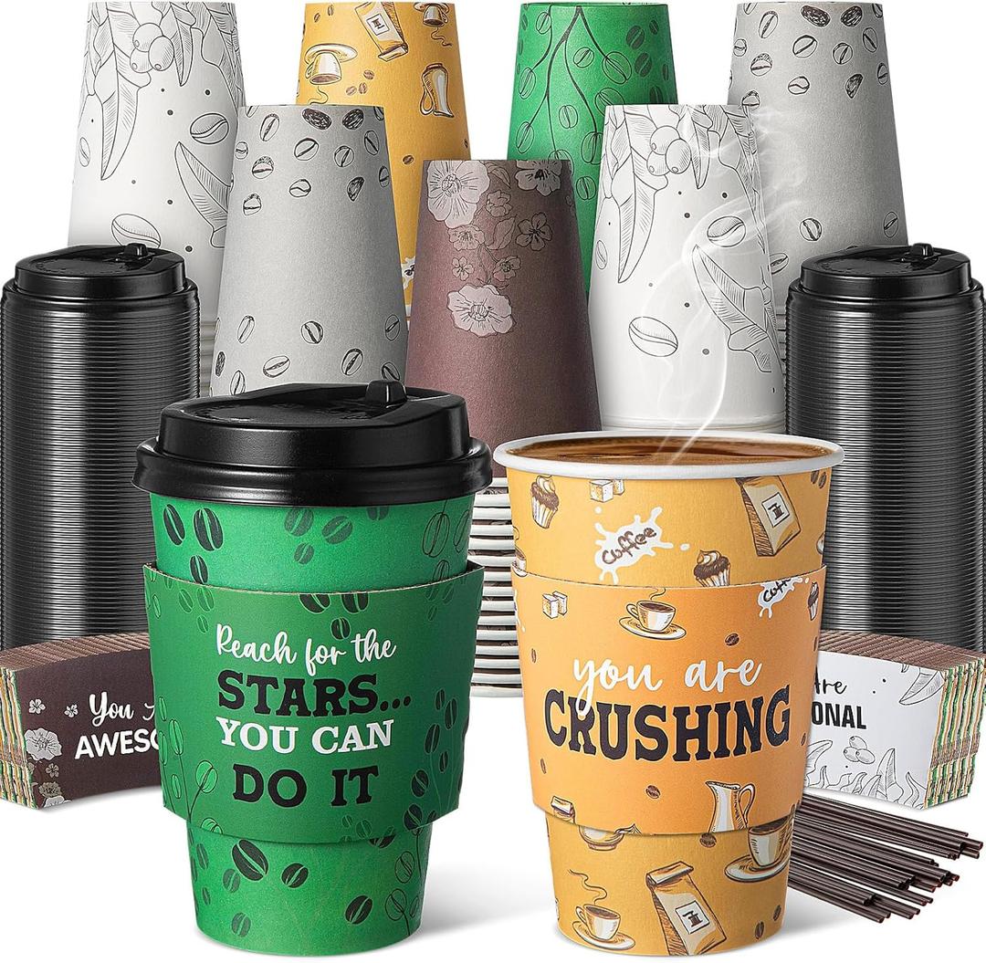 100 Sets 12 oz Disposable Coffee Cups with Lids, Sleeves, Straws, Motivational to Go Paper Cups for Hot & Cold Drinks Chocolate Cocoa Beverage Home Coffee Shop Office, 5 Styles