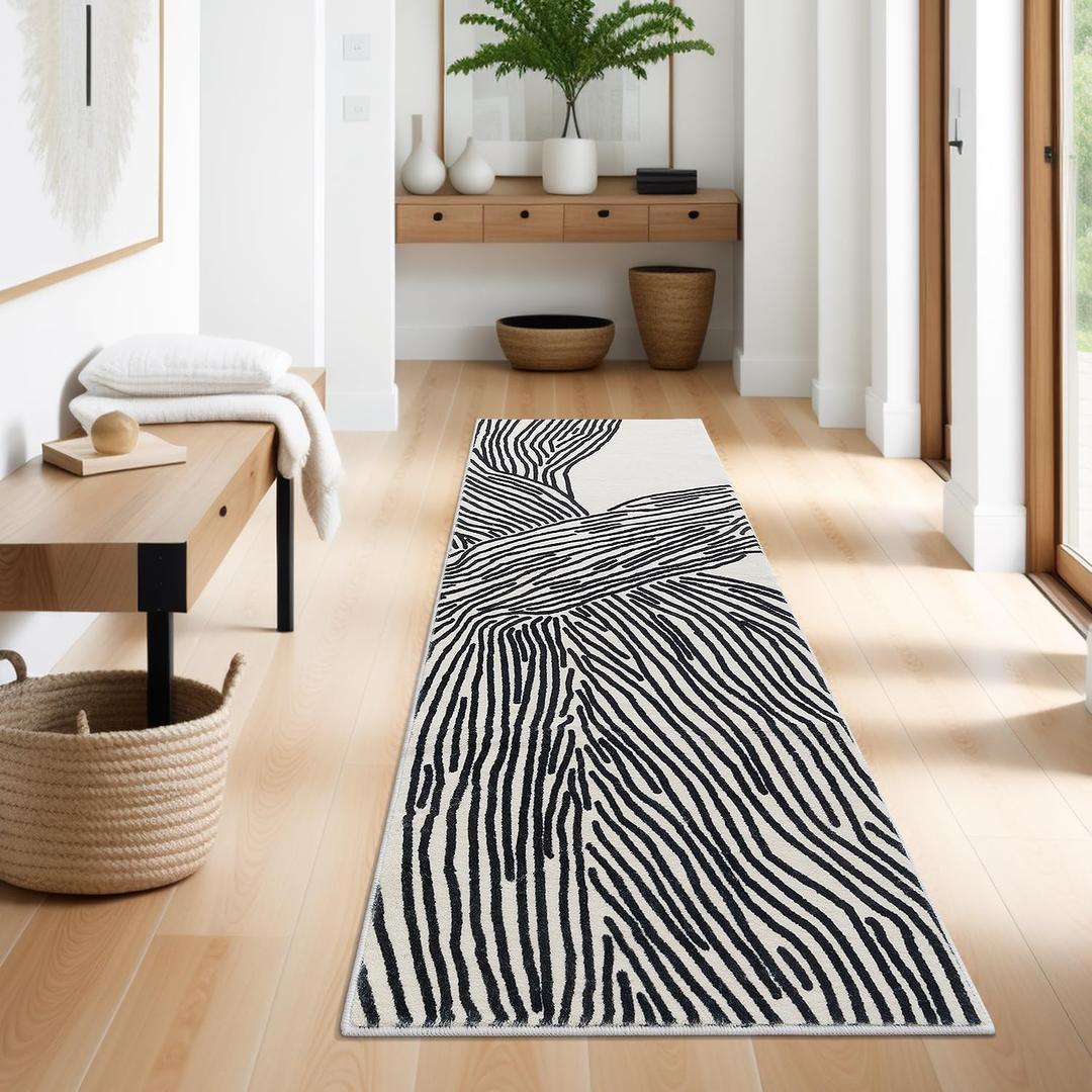 YIHOUSE Modern Hallway Runner Rug, 2x6 Runner Rugs, Black and White Rug Thin Non-Slip Washable Rugs, Soft Contemporary Striped Carpet for Entryway Indoor, Kitchen, Laundry, Bedroom