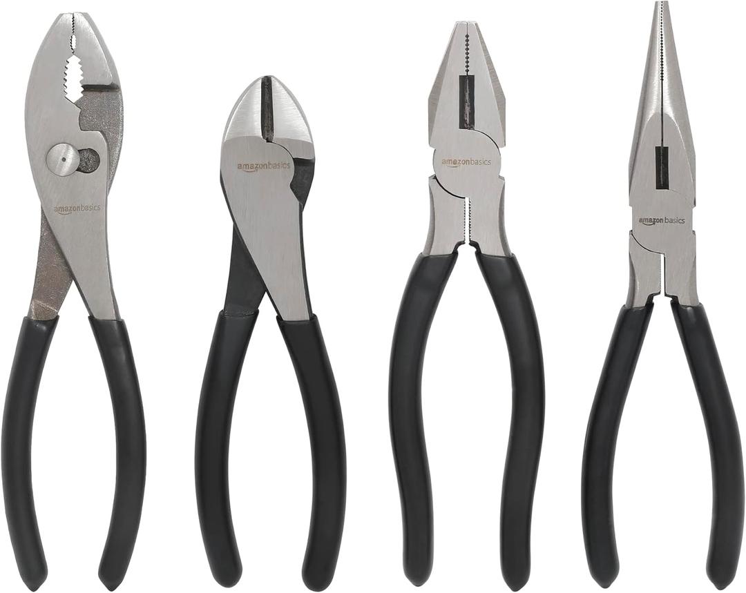 Amazon Basics Pliers Set, Hand Tools for Precision, Cutting Wire Cutter with Needle Nose and Diagonal, Quality Tool Set for Home Maintenance, Set of 4, Black and Silver