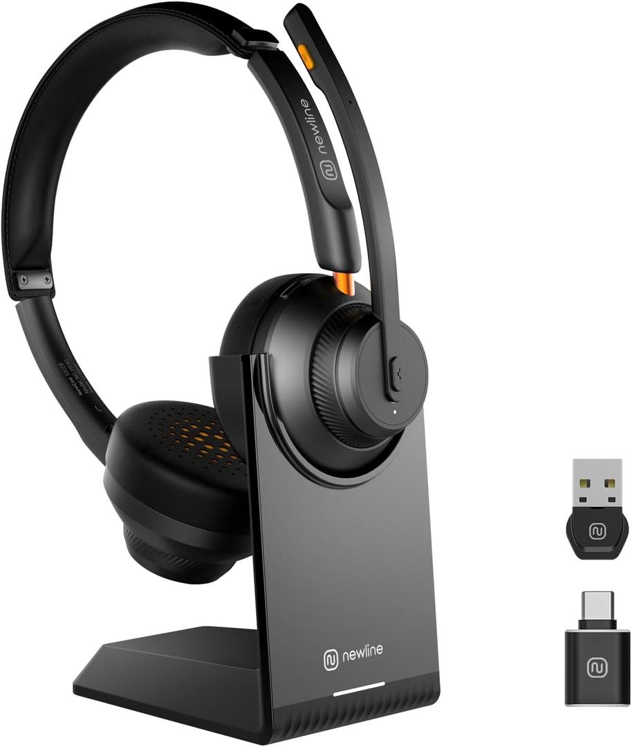 Wireless Headsets with Mic, 5.1 Bluetooth Headset with AI Noise Cancelling Microphone, 48Hrs Computer Headphones w/USB Dongle & Charging Base, for Office, Remote Work, Call Center, Gaming (Black)